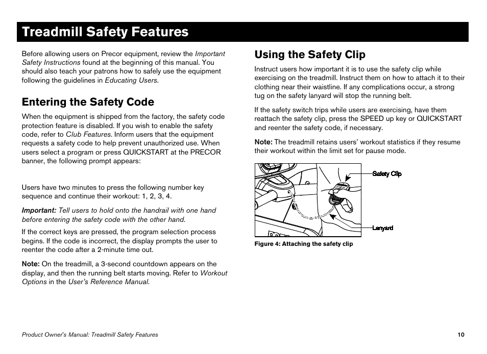 Treadmill safety features, Entering the safety code, Using the safety clip | Entering the safety code using the safety clip | Precor Elliptical Fitness Crosstrainer EFX User Manual | Page 72 / 108
