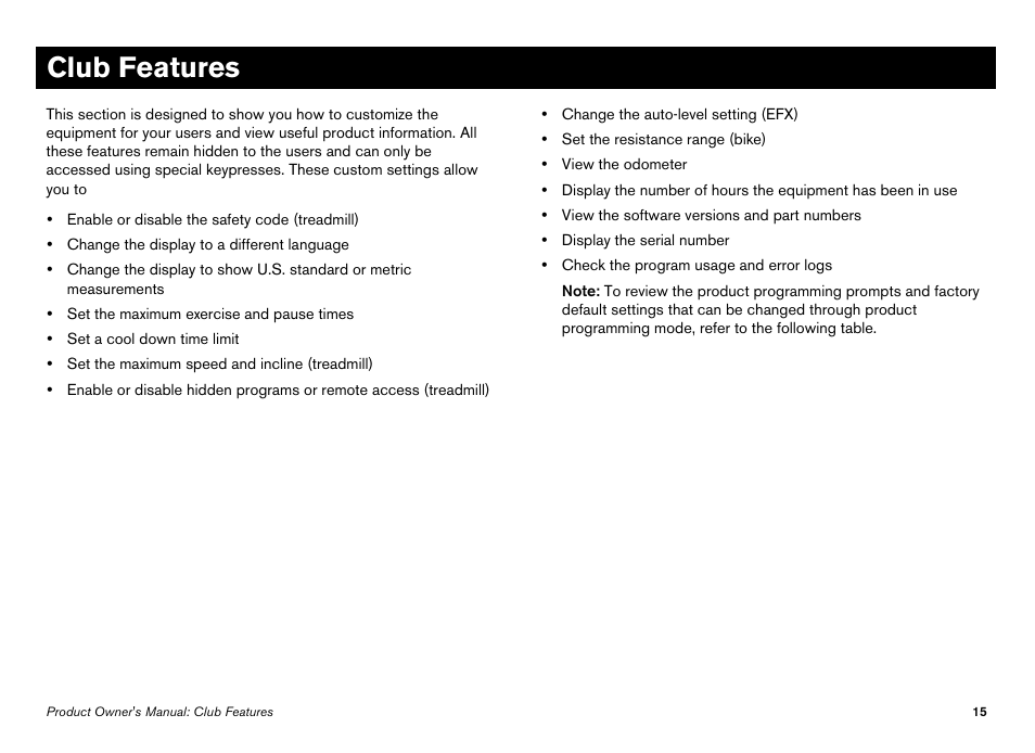 Club features | Precor Elliptical Fitness Crosstrainer EFX User Manual | Page 77 / 108