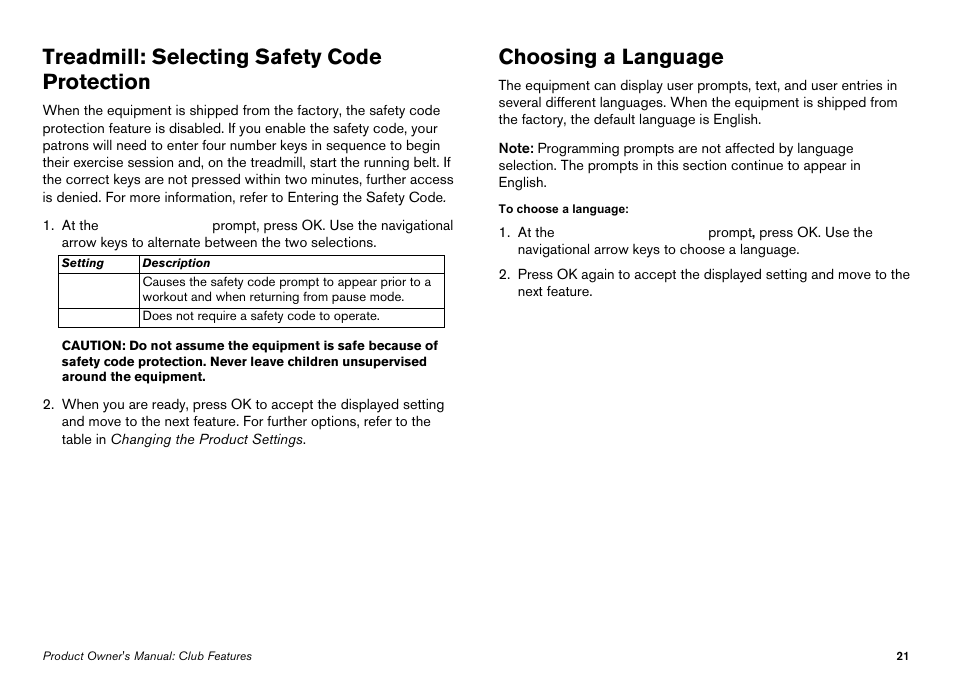 Treadmill: selecting safety code protection, Choosing a language | Precor Elliptical Fitness Crosstrainer EFX User Manual | Page 83 / 108