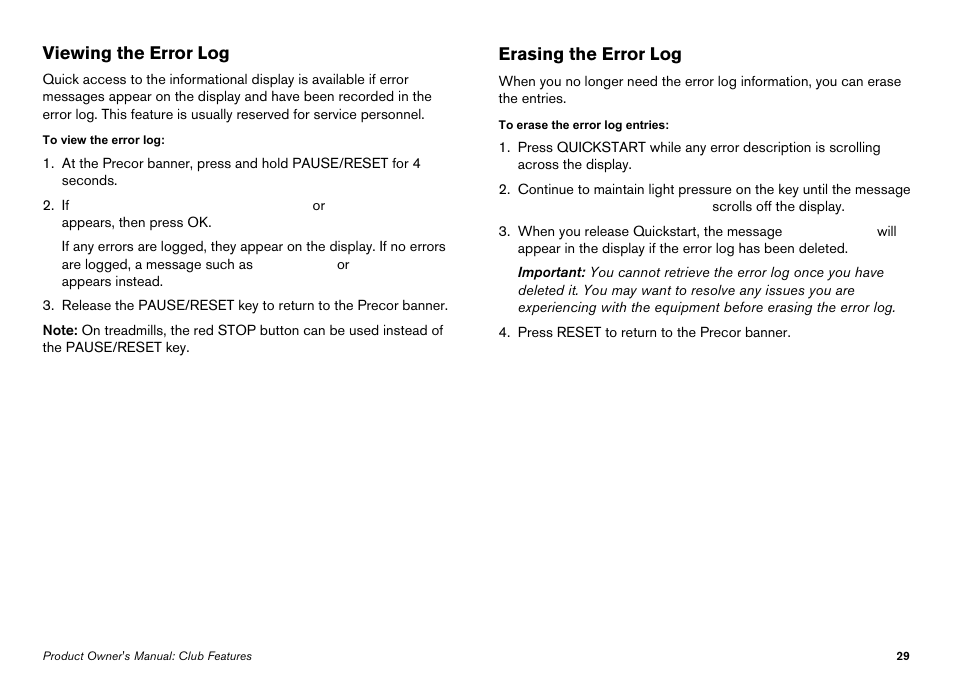 Viewing the error log, Erasing the error log | Precor Elliptical Fitness Crosstrainer EFX User Manual | Page 91 / 108