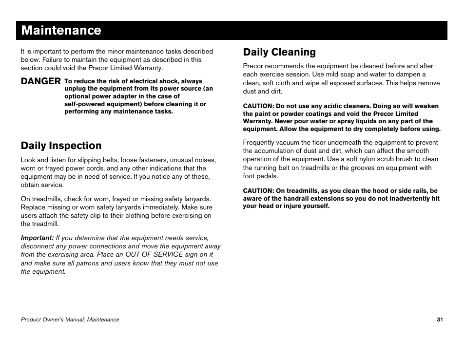 Maintenance, Daily inspection, Daily cleaning | Daily inspection daily cleaning, Danger | Precor Elliptical Fitness Crosstrainer EFX User Manual | Page 93 / 108