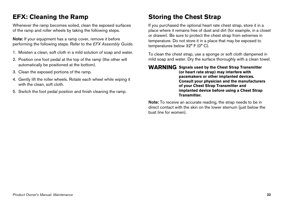 Efx: cleaning the ramp, Storing the chest strap, Efx: cleaning the ramp storing the chest strap | Warning | Precor Elliptical Fitness Crosstrainer EFX User Manual | Page 94 / 108