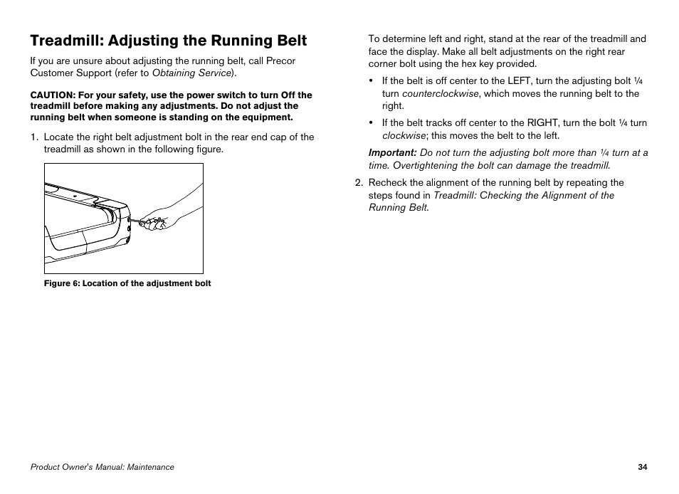 Treadmill: adjusting the running belt | Precor Elliptical Fitness Crosstrainer EFX User Manual | Page 96 / 108