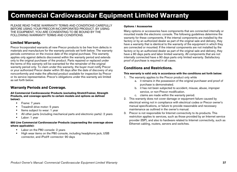 Commercial cardiovascular equipment, Limited warranty | Precor Elliptical Fitness Crosstrainer EFX User Manual | Page 99 / 108