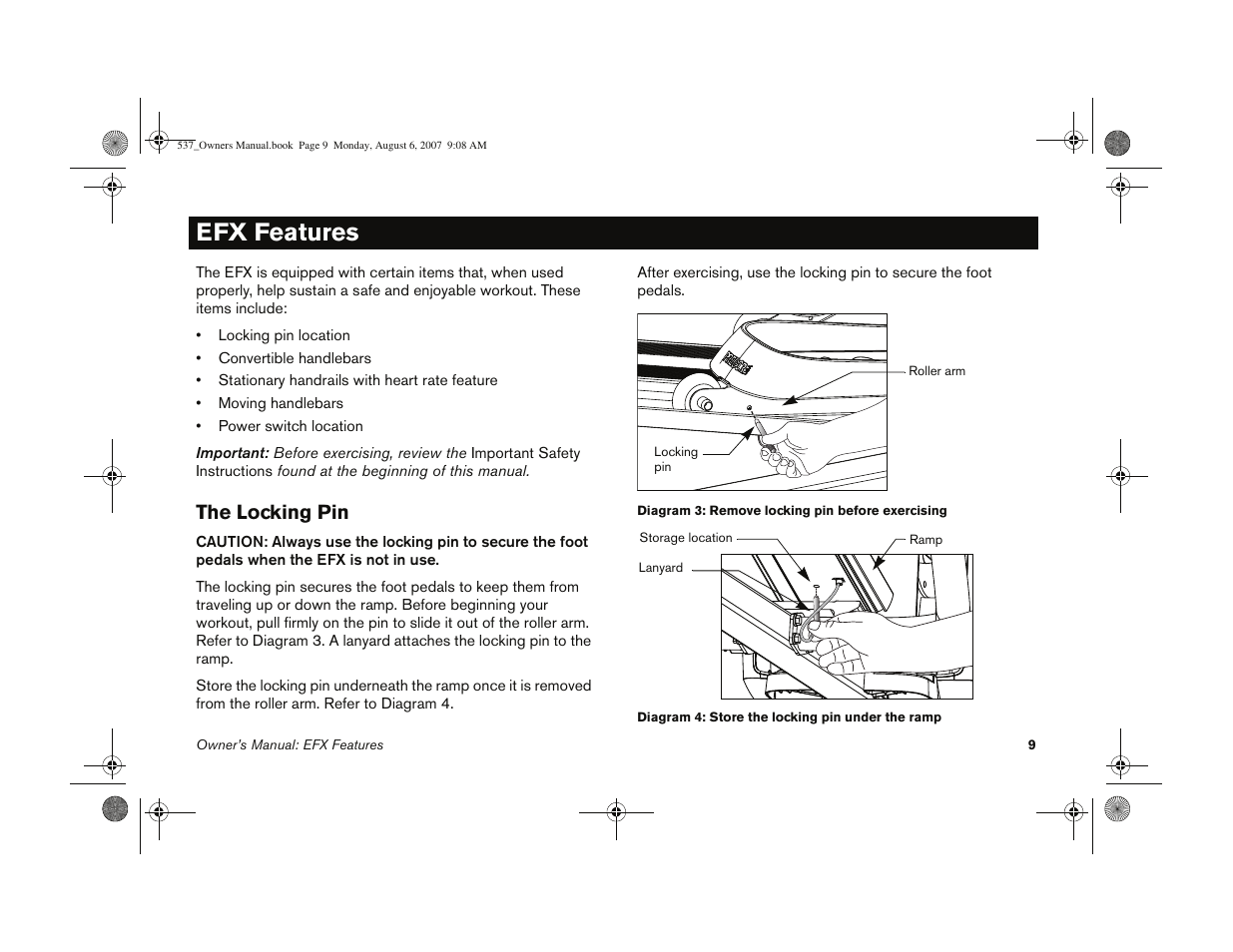 Efx features, The locking pin | Precor 5.37 User Manual | Page 11 / 76