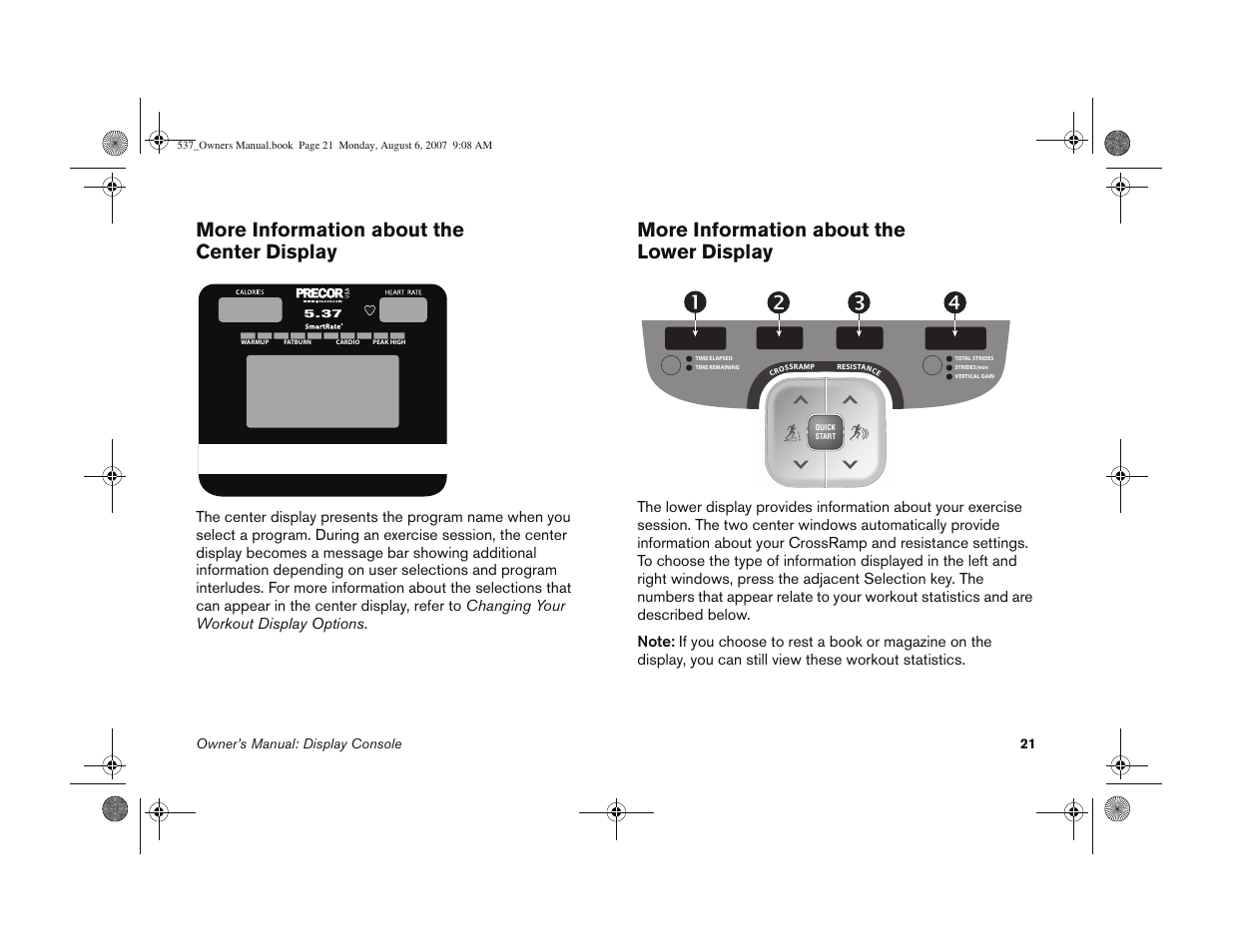 More information about the center display, More information about the lower display | Precor 5.37 User Manual | Page 23 / 76