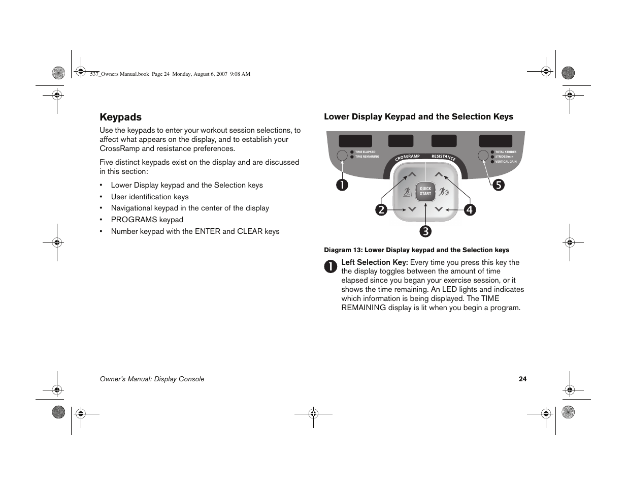 Keypads, Lower display keypad and the selection keys | Precor 5.37 User Manual | Page 26 / 76