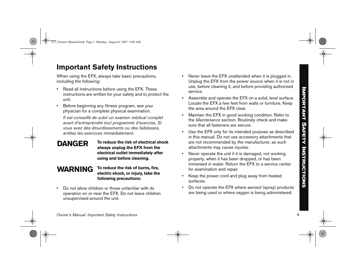 Danger warning, Important safety instructions | Precor 5.37 User Manual | Page 3 / 76