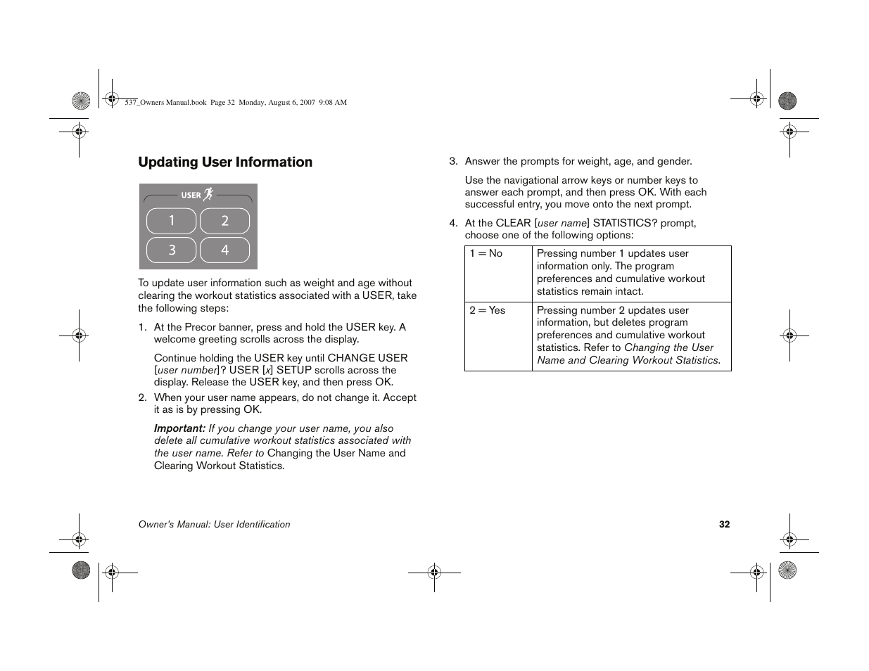 Updating user information | Precor 5.37 User Manual | Page 34 / 76