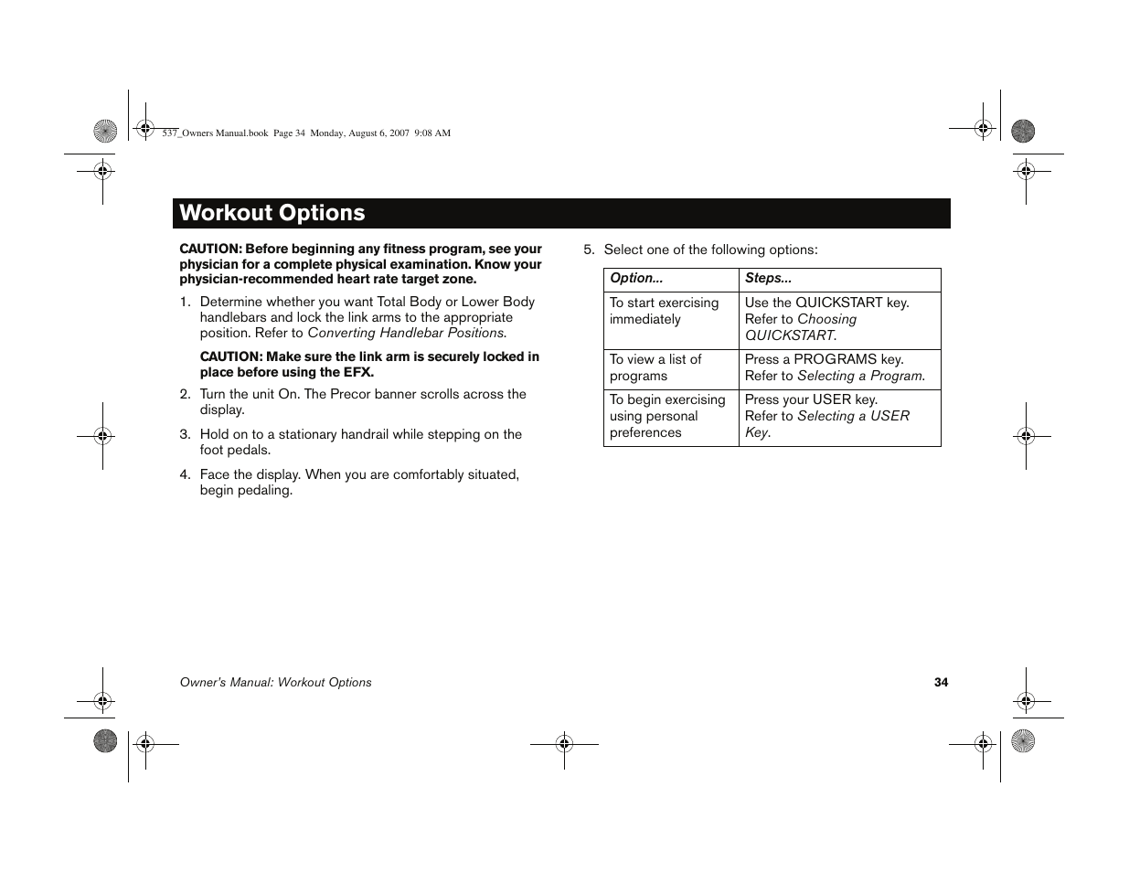 Workout options | Precor 5.37 User Manual | Page 36 / 76