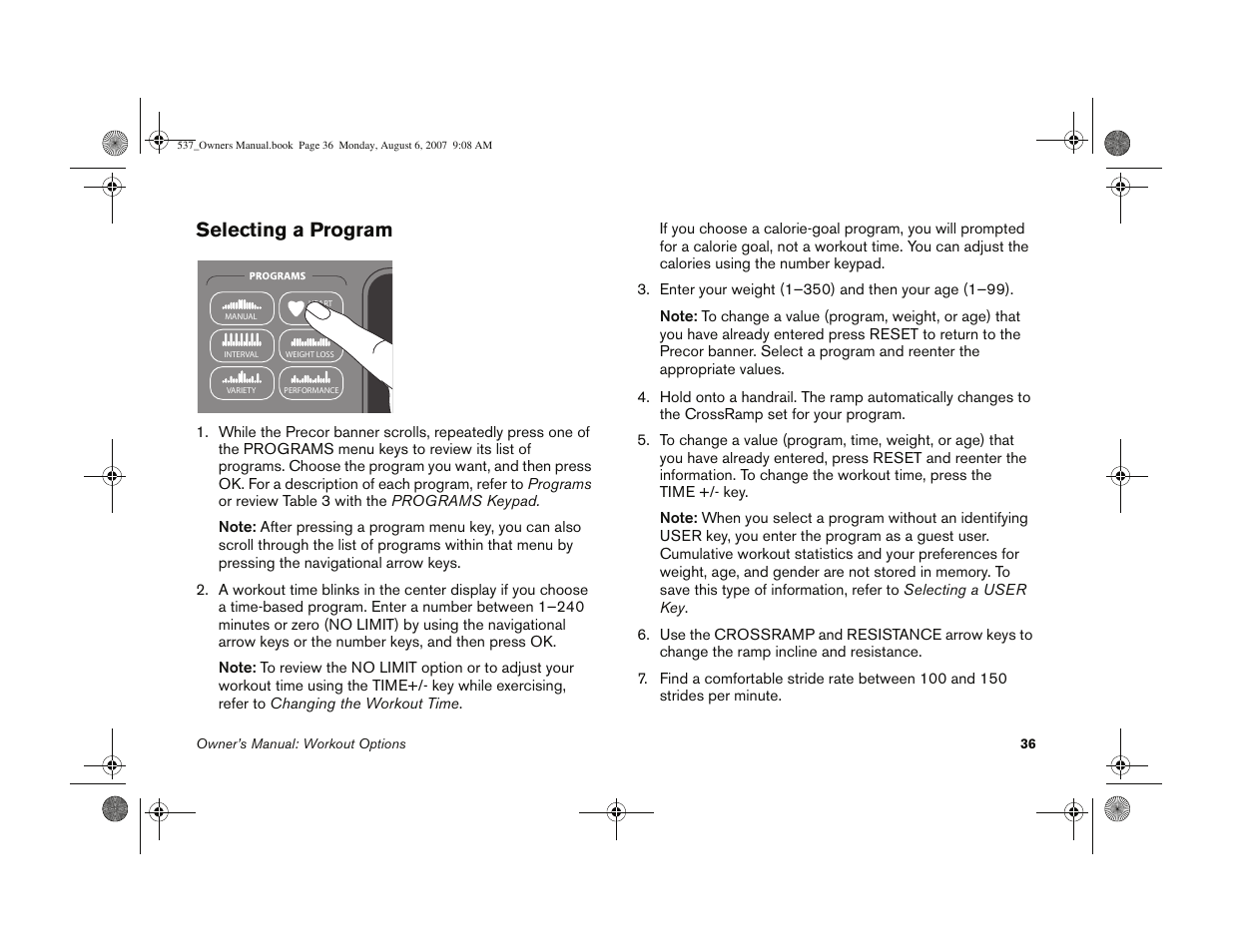 Selecting a program | Precor 5.37 User Manual | Page 38 / 76