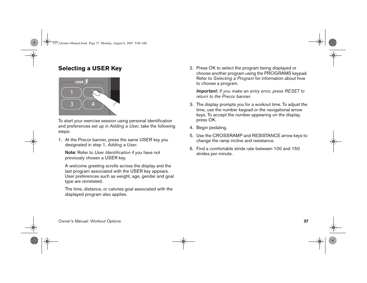 Selecting a user key | Precor 5.37 User Manual | Page 39 / 76