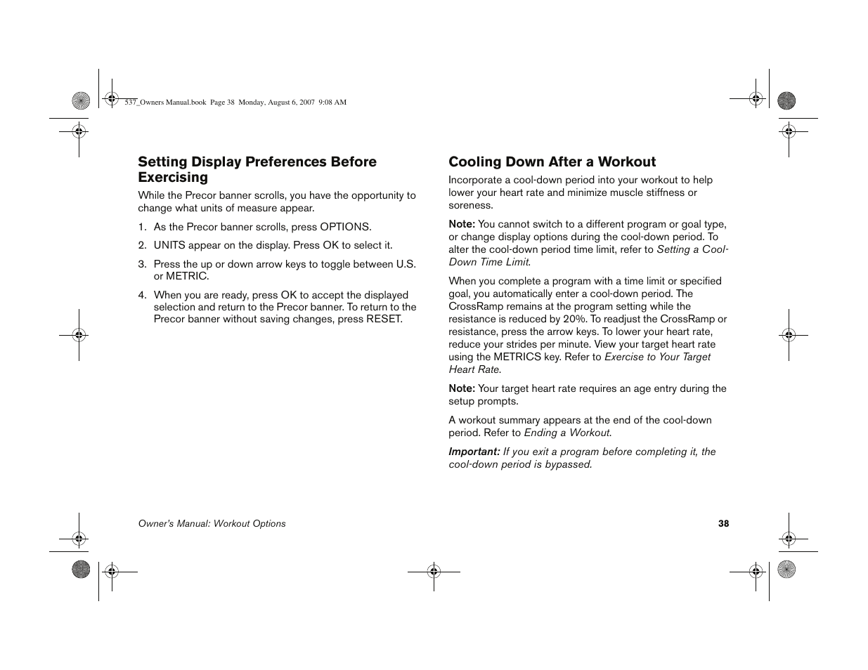 Setting display preferences before exercising | Precor 5.37 User Manual | Page 40 / 76