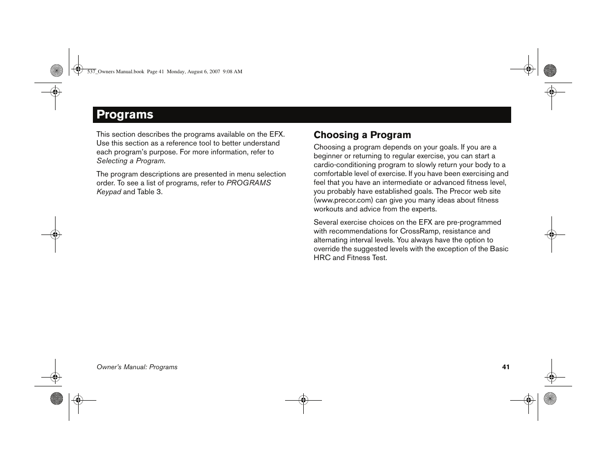 Programs, Choosing a program, Refer to programs | Precor 5.37 User Manual | Page 43 / 76