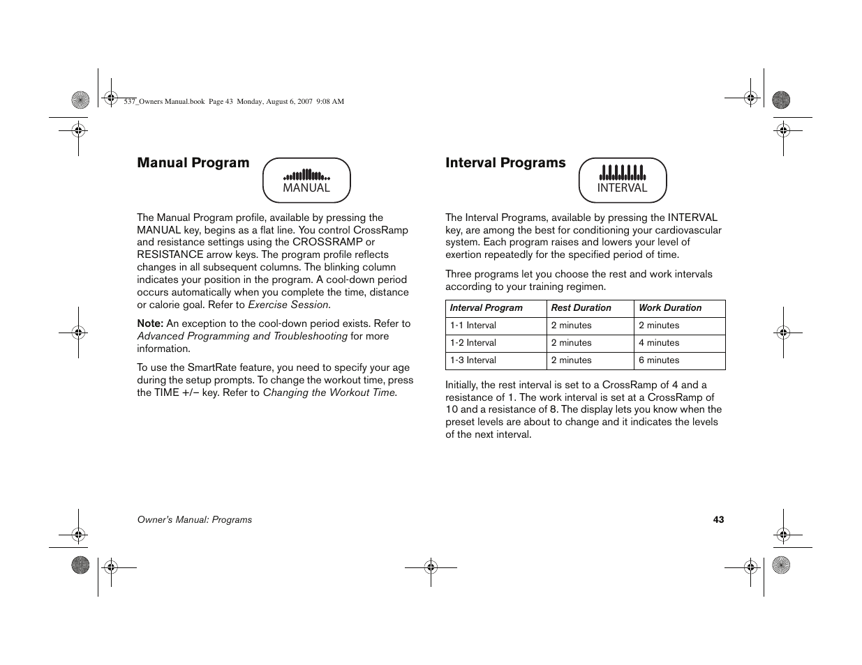 Manual program interval programs, Manual program, Interval programs | Precor 5.37 User Manual | Page 45 / 76