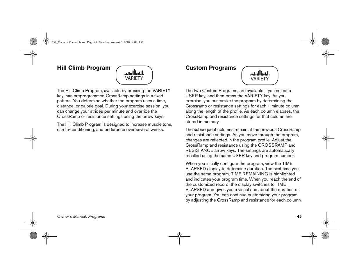 Hill climb program custom programs | Precor 5.37 User Manual | Page 47 / 76