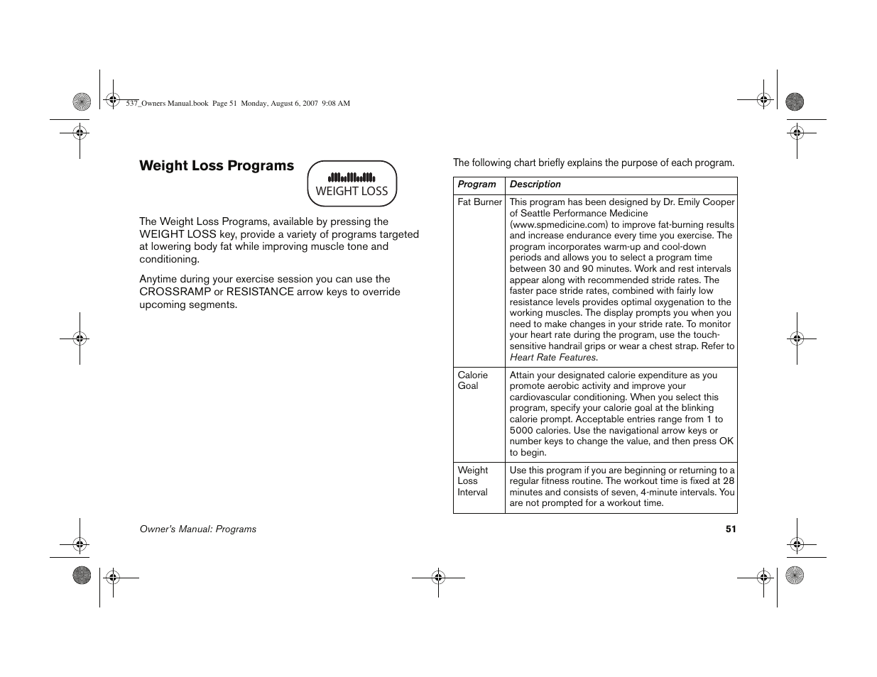 Weight loss programs | Precor 5.37 User Manual | Page 53 / 76