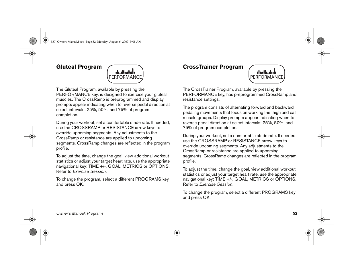 Gluteal program crosstrainer program | Precor 5.37 User Manual | Page 54 / 76