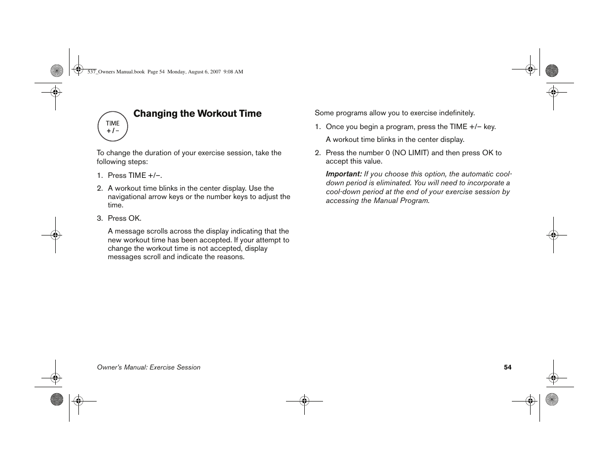 Changing the workout time | Precor 5.37 User Manual | Page 56 / 76