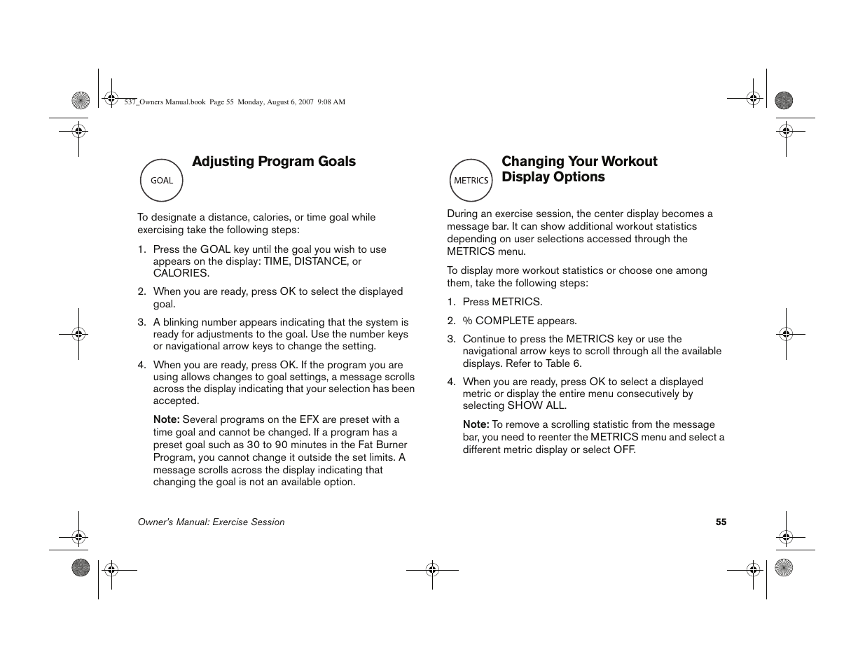 Adjusting program goals, Changing your workout display options | Precor 5.37 User Manual | Page 57 / 76