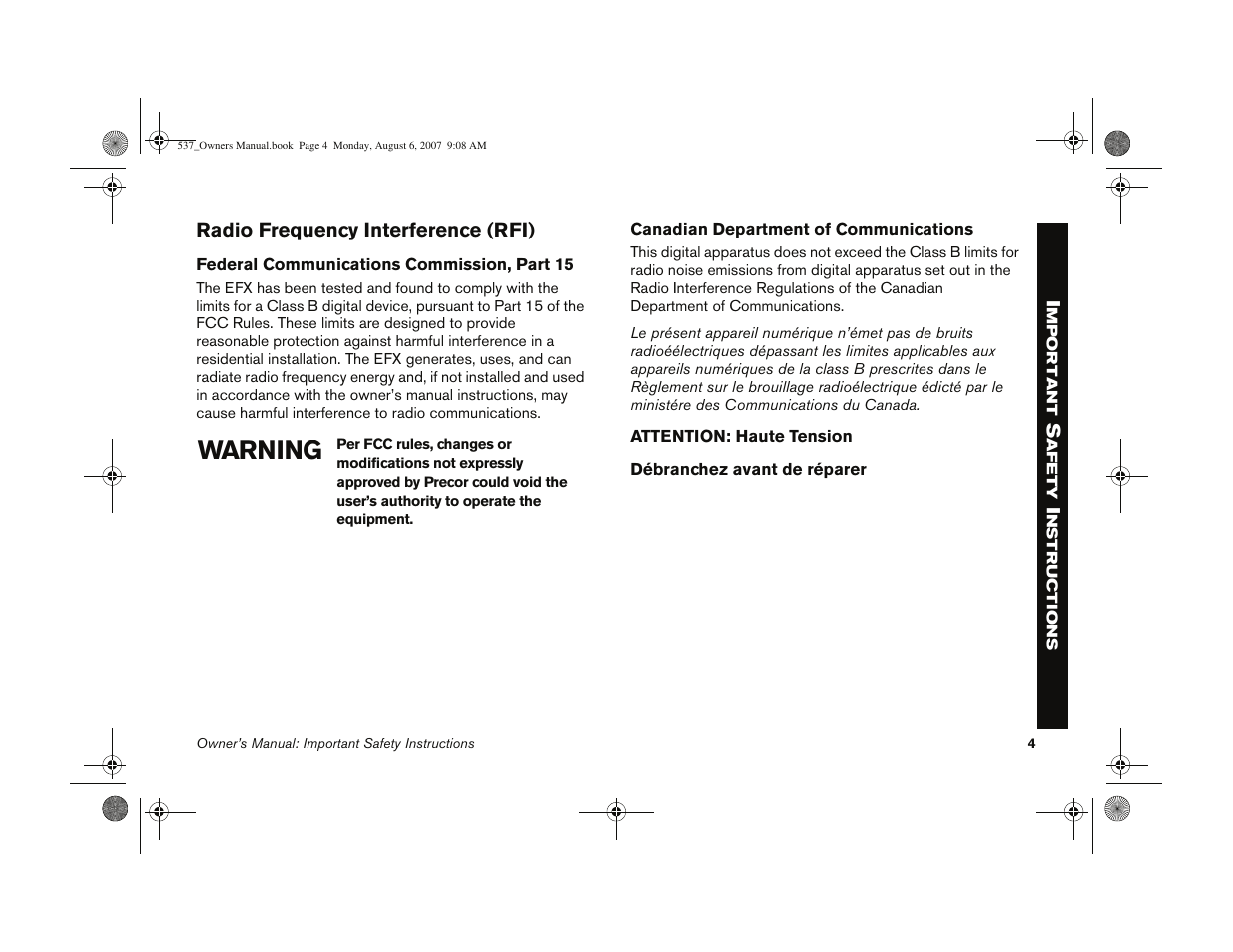 Warning | Precor 5.37 User Manual | Page 6 / 76