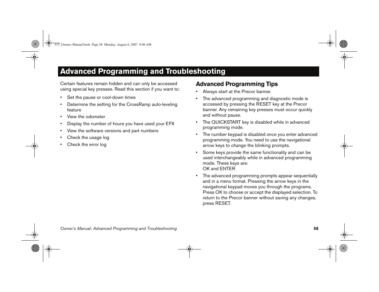 Advanced programming and troubleshooting, Advanced programming tips | Precor 5.37 User Manual | Page 60 / 76