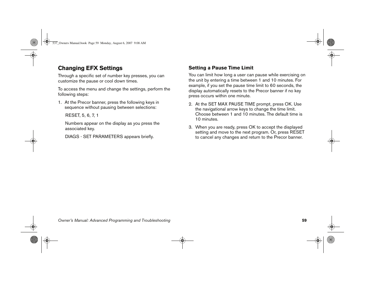 Changing efx settings | Precor 5.37 User Manual | Page 61 / 76