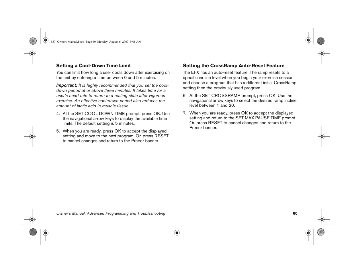 Setting a cool- down time limit | Precor 5.37 User Manual | Page 62 / 76