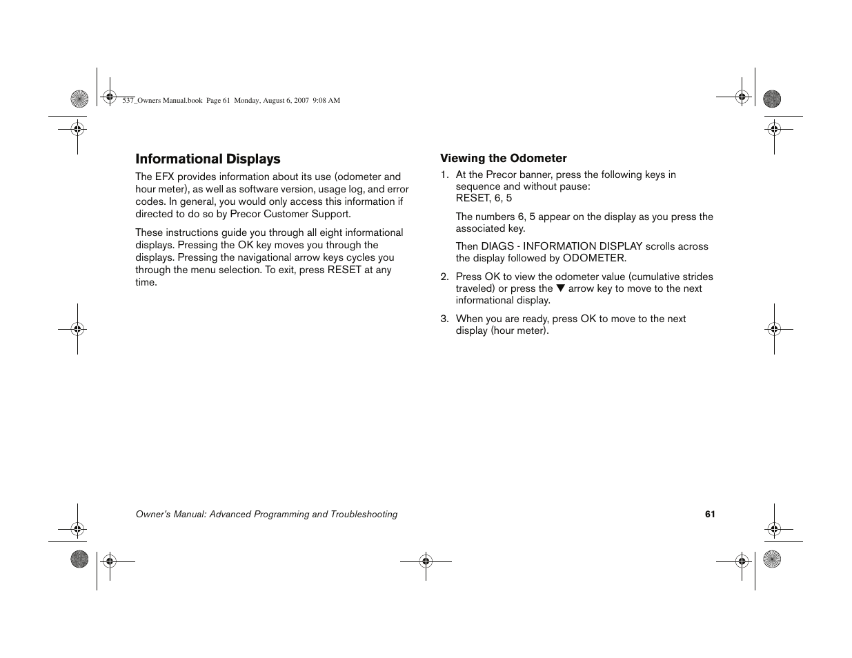 Informational displays | Precor 5.37 User Manual | Page 63 / 76