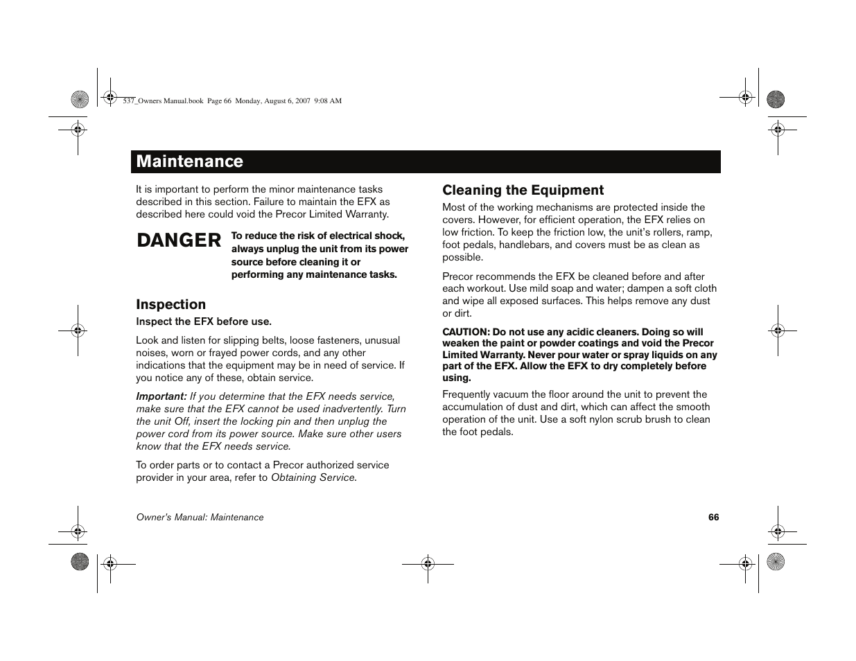 Maintenance, Inspection cleaning the equipment, Danger | Precor 5.37 User Manual | Page 68 / 76