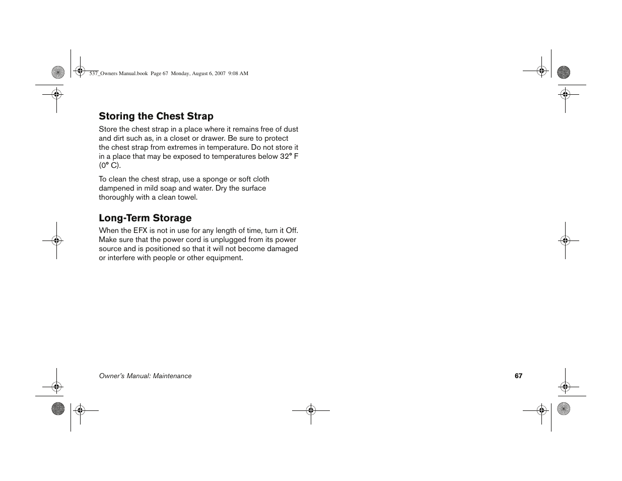 Storing the chest strap long-term storage | Precor 5.37 User Manual | Page 69 / 76