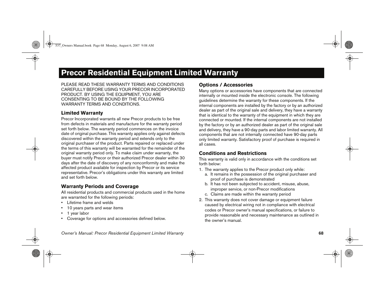 Precor residential equipment limited warranty | Precor 5.37 User Manual | Page 70 / 76