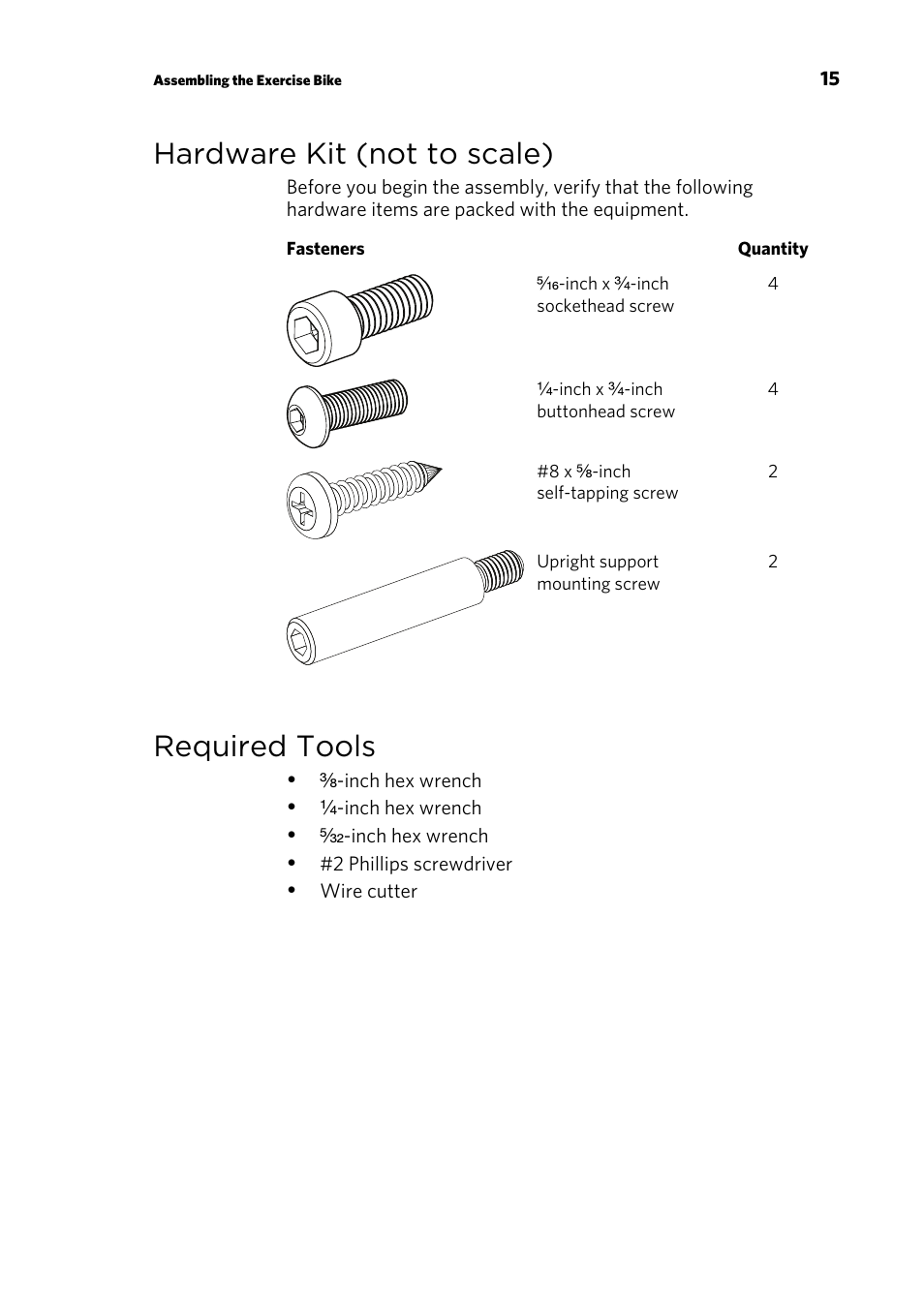 Hardware kit (not to scale), Required tools | Precor UBK 815 User Manual | Page 17 / 92