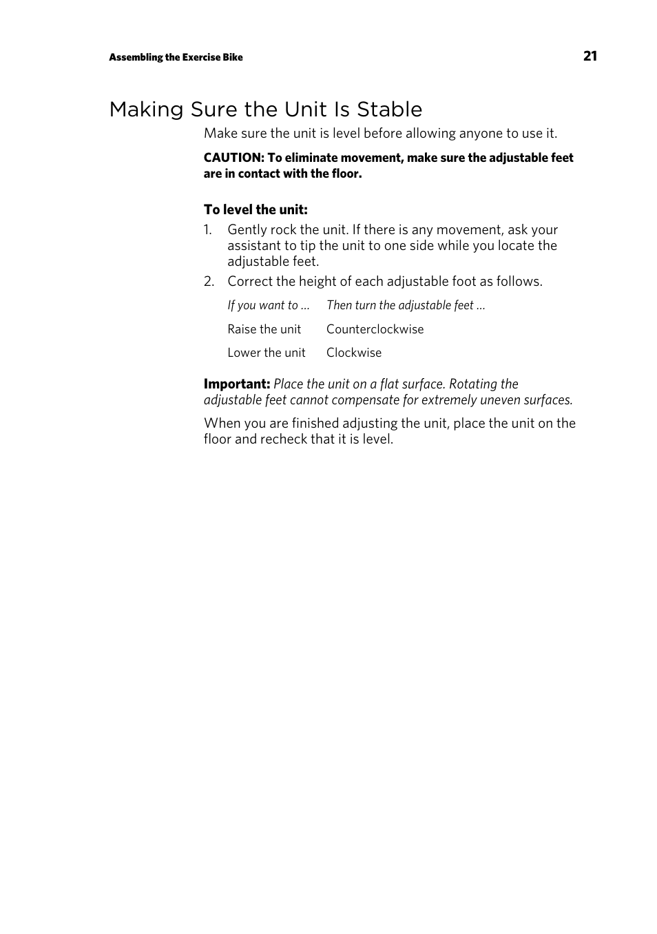 Making sure the unit is stable | Precor UBK 815 User Manual | Page 23 / 92