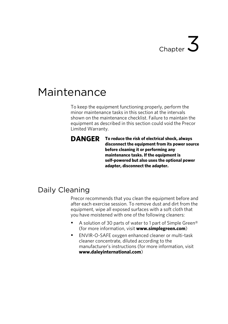 Maintenance, Daily cleaning, Danger | Precor UBK 815 User Manual | Page 29 / 92