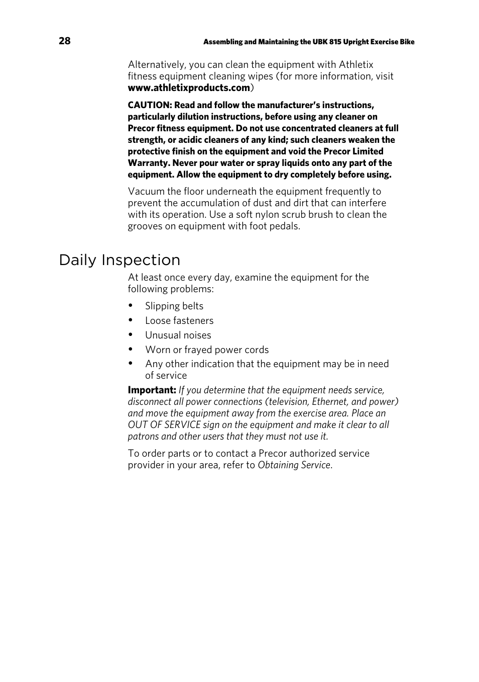 Daily inspection | Precor UBK 815 User Manual | Page 30 / 92