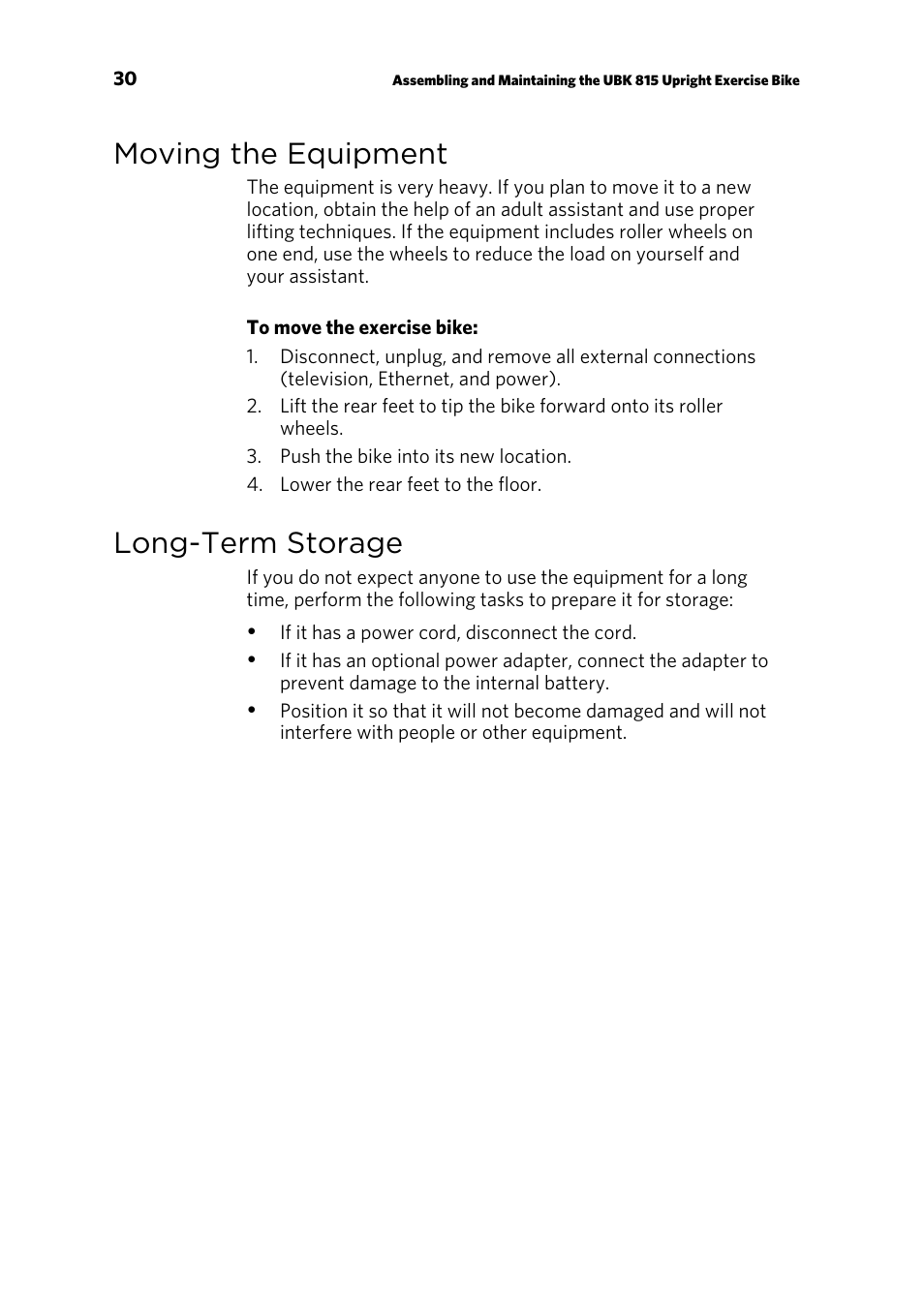 Moving the equipment, Long-term storage | Precor UBK 815 User Manual | Page 32 / 92
