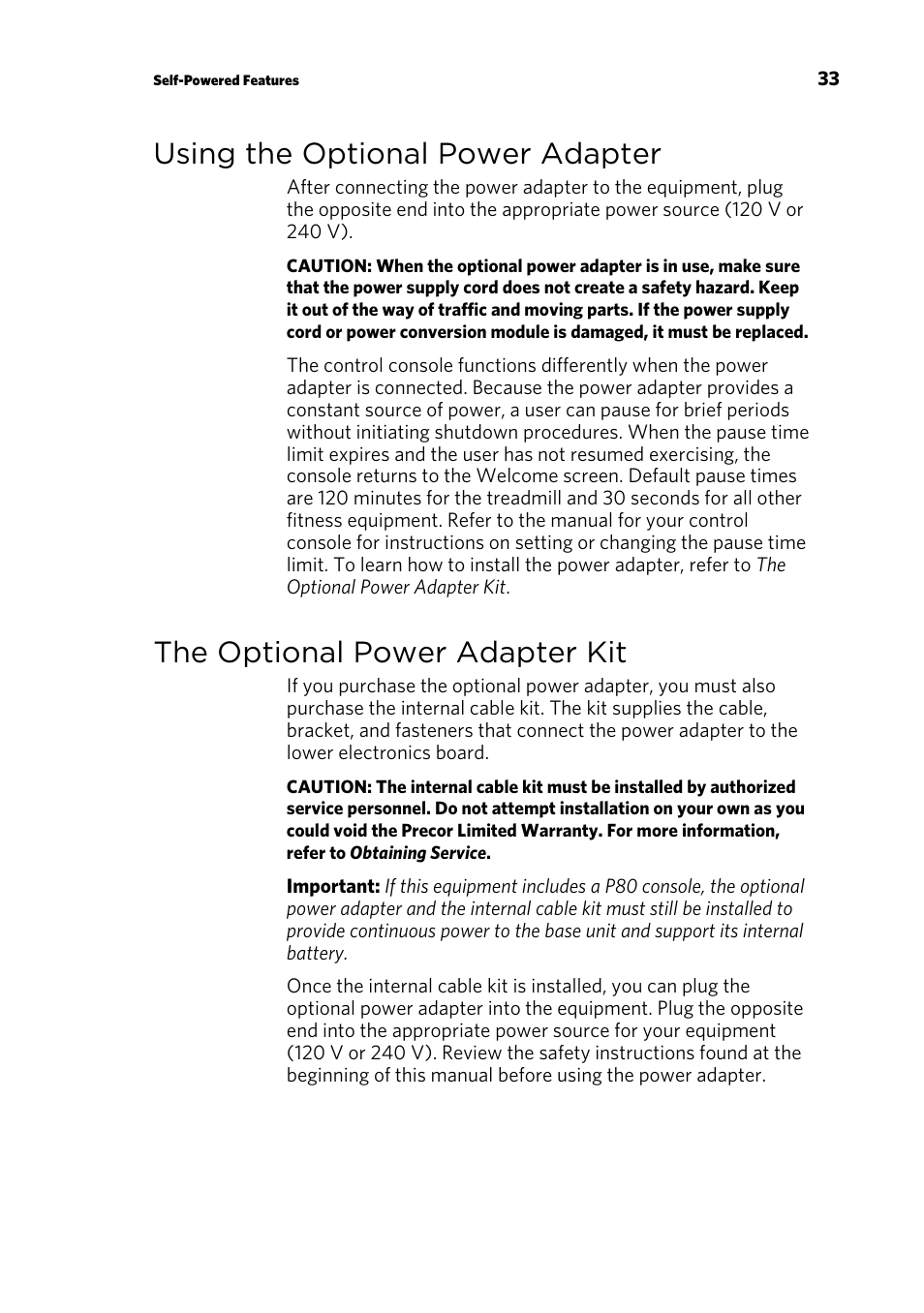 Using the optional power adapter, The optional power adapter kit | Precor UBK 815 User Manual | Page 35 / 92