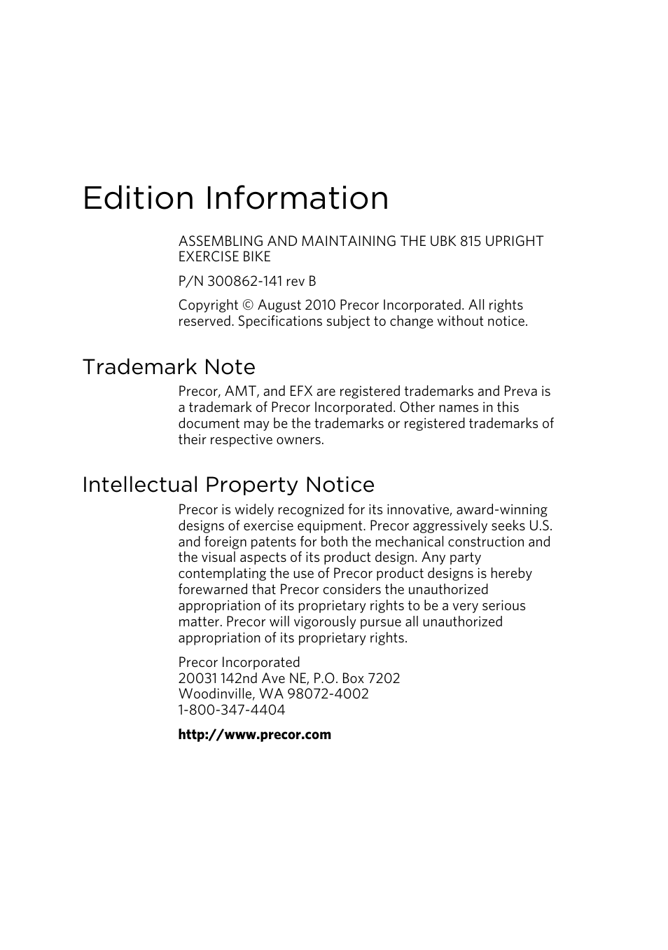 Edition information, Trademark note, Intellectual property notice | Precor UBK 815 User Manual | Page 4 / 92