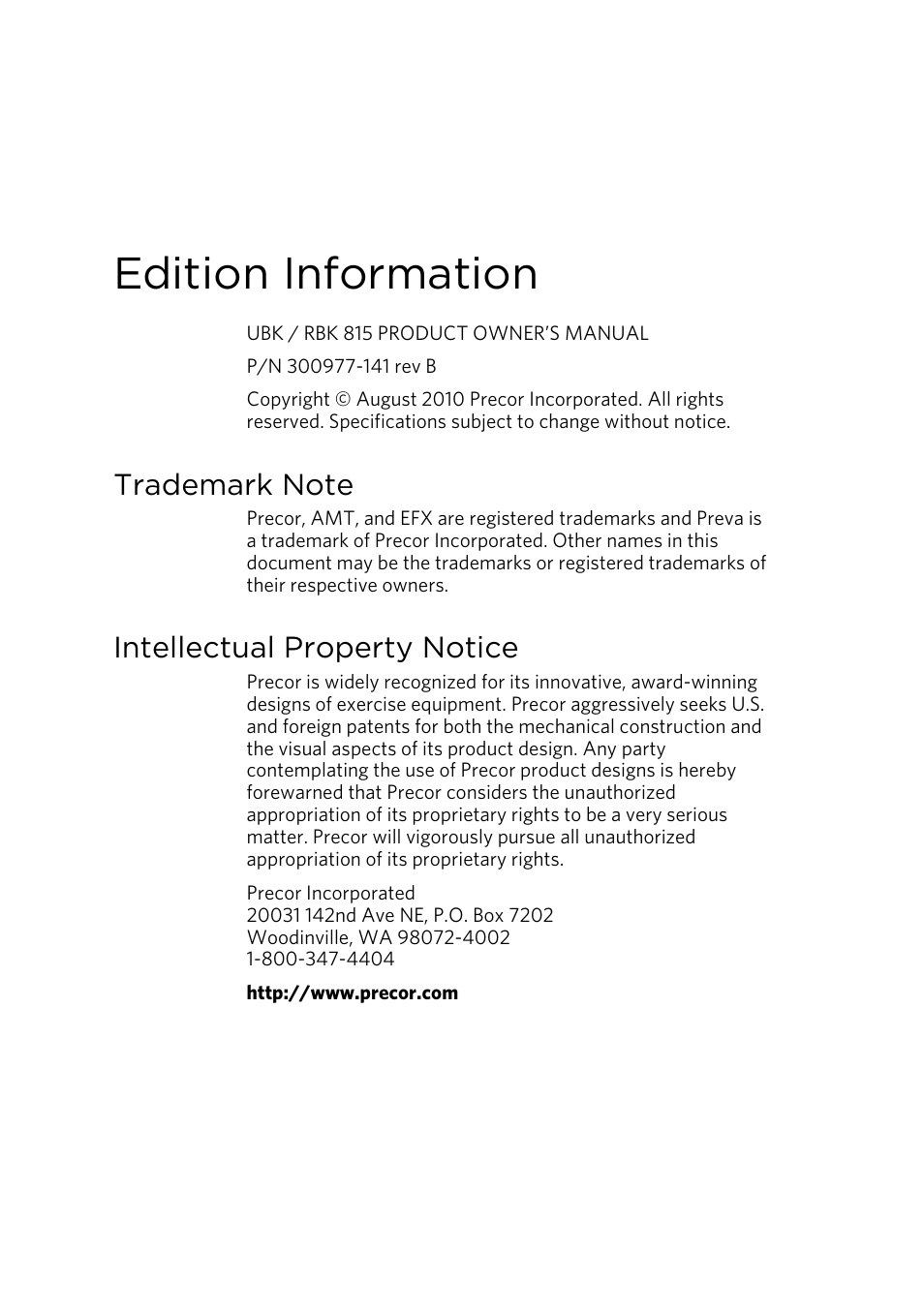Edition information, Trademark note, Intellectual property notice | Precor UBK 815 User Manual | Page 48 / 92