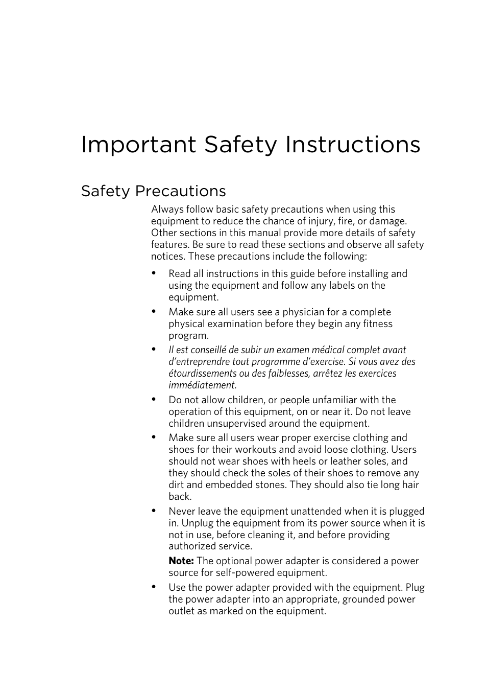 Important safety instructions, Safety precautions | Precor UBK 815 User Manual | Page 49 / 92