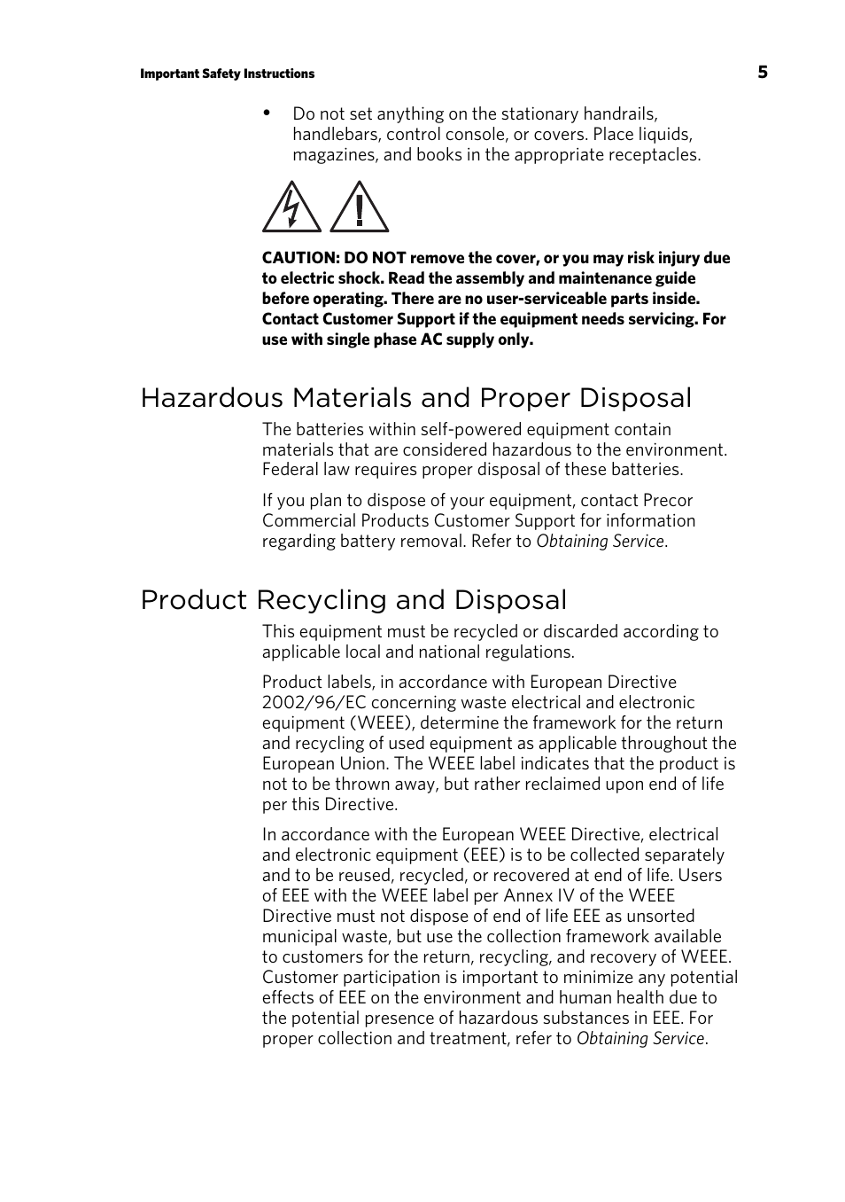 Hazardous materials and proper disposal, Product recycling and disposal | Precor UBK 815 User Manual | Page 51 / 92