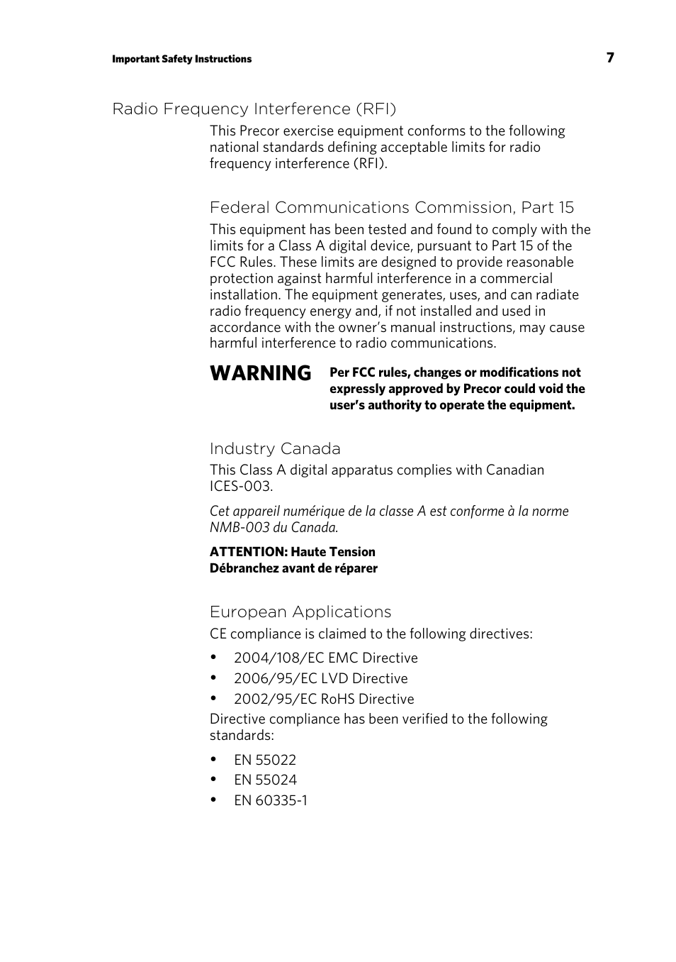 Warning | Precor UBK 815 User Manual | Page 9 / 92