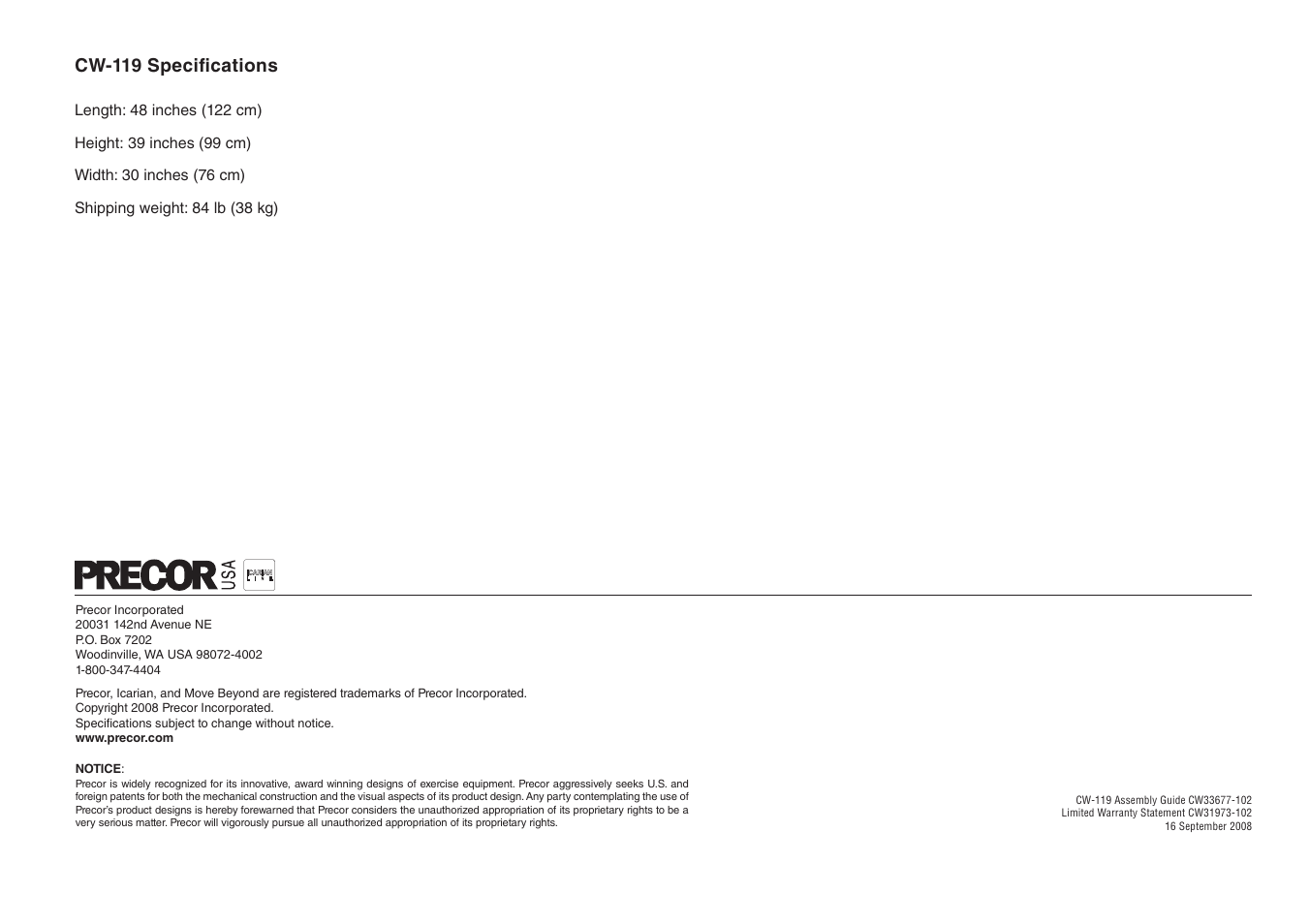 Cw-119 specifications | Precor CW-119 User Manual | Page 14 / 14