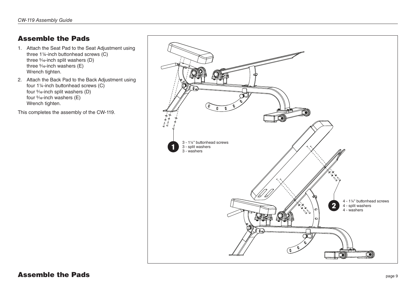 Assemble the pads | Precor CW-119 User Manual | Page 9 / 14