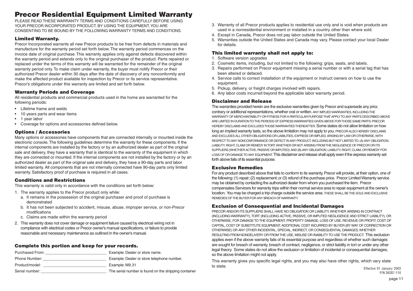 Precor residential equipment limited warranty | Precor Multi-Hip Option S3.15 User Manual | Page 11 / 16