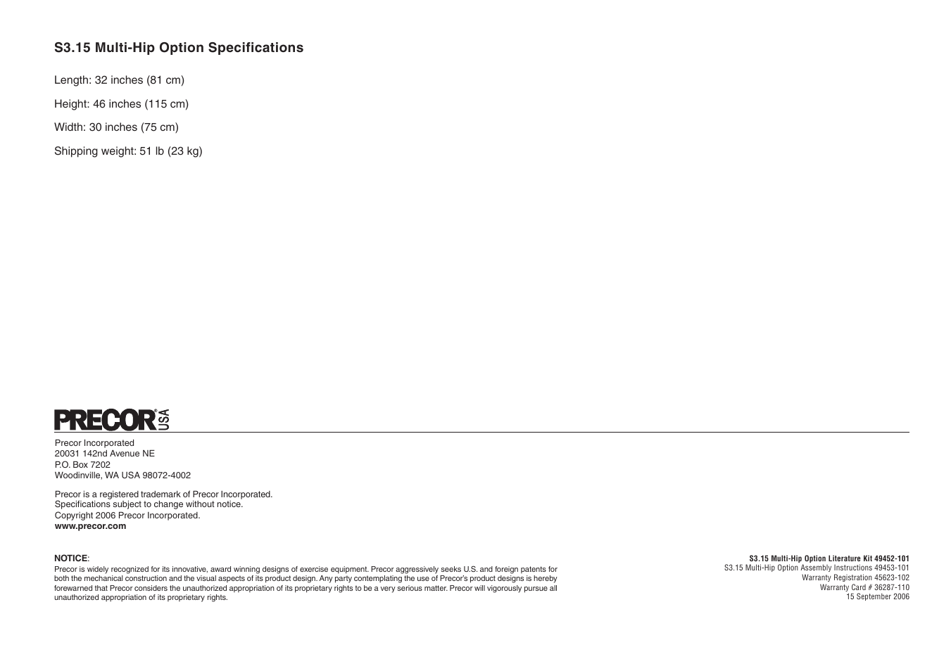 S3.15 multi-hip option specifications | Precor Multi-Hip Option S3.15 User Manual | Page 16 / 16