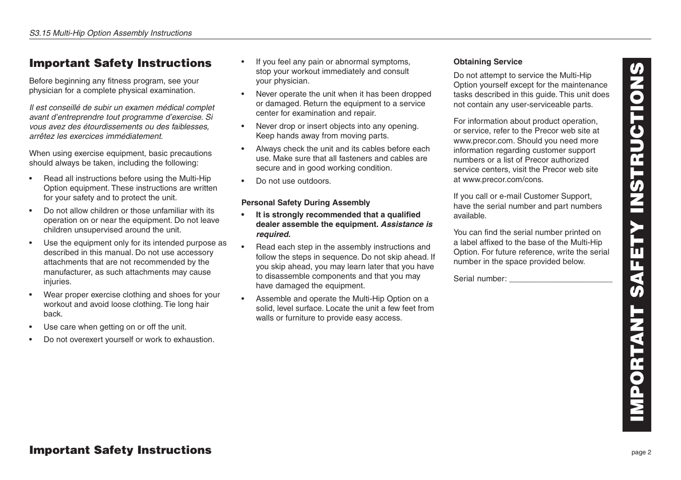 Important safety instructions, Personal safety during assembly, Obtaining service | Impor t ant safety instructions | Precor Multi-Hip Option S3.15 User Manual | Page 2 / 16