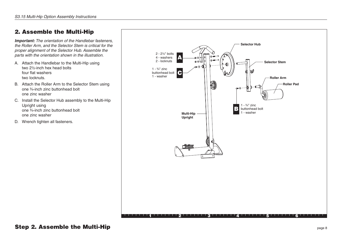 Assemble the multi-hip, Step 2. assemble the multi-hip a | Precor Multi-Hip Option S3.15 User Manual | Page 8 / 16
