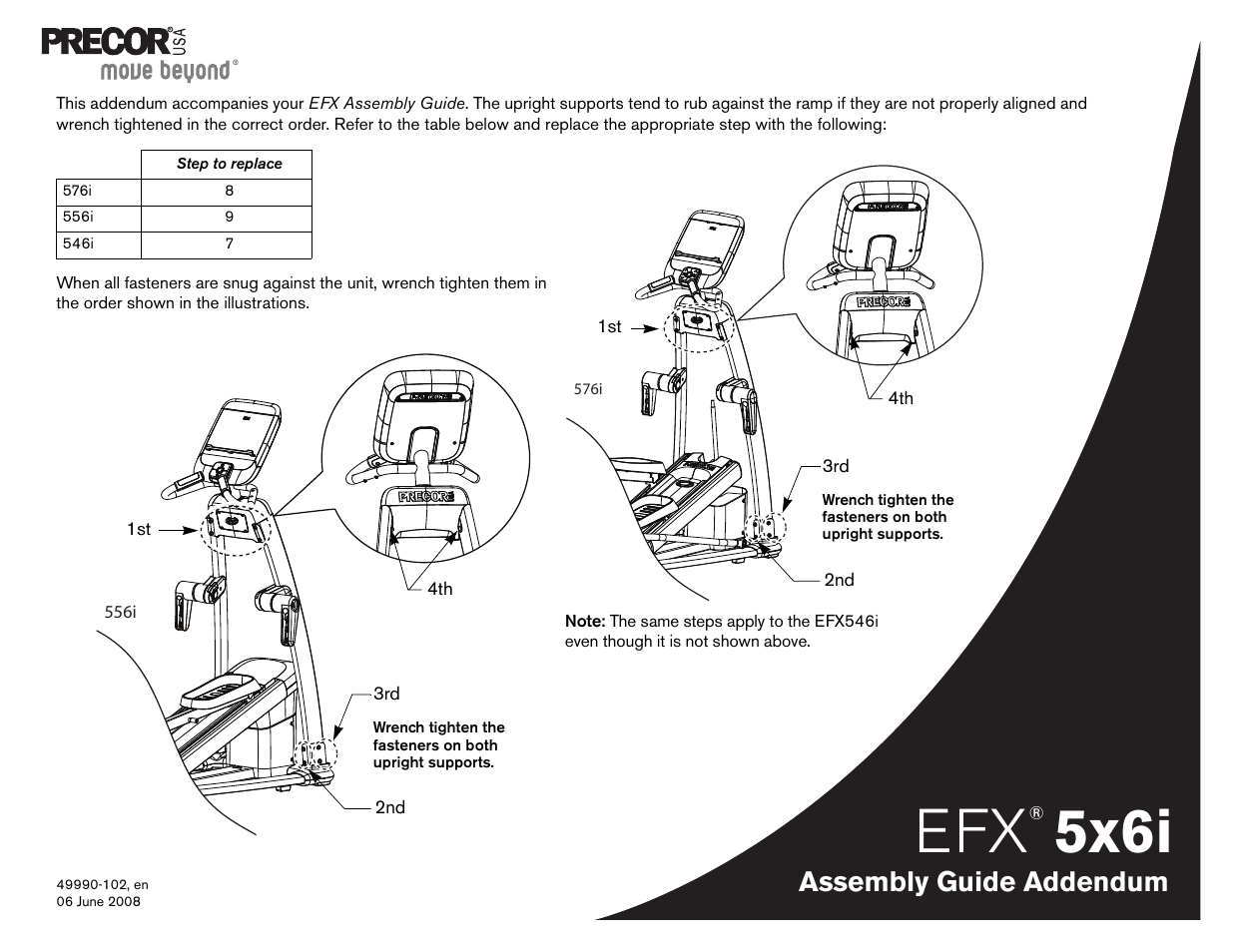 49990-102 efx5x6i ag addendum, 5x6i, Assembly guide addendum | Precor 946l User Manual | Page 101 / 101